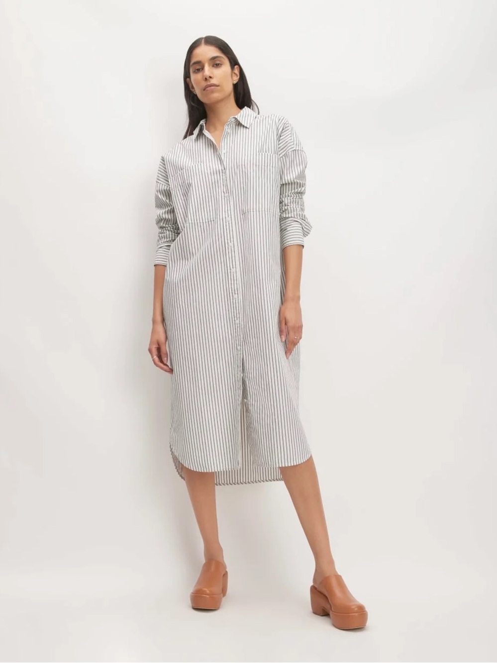 Striped Shirt Dress - White & Blue Gray